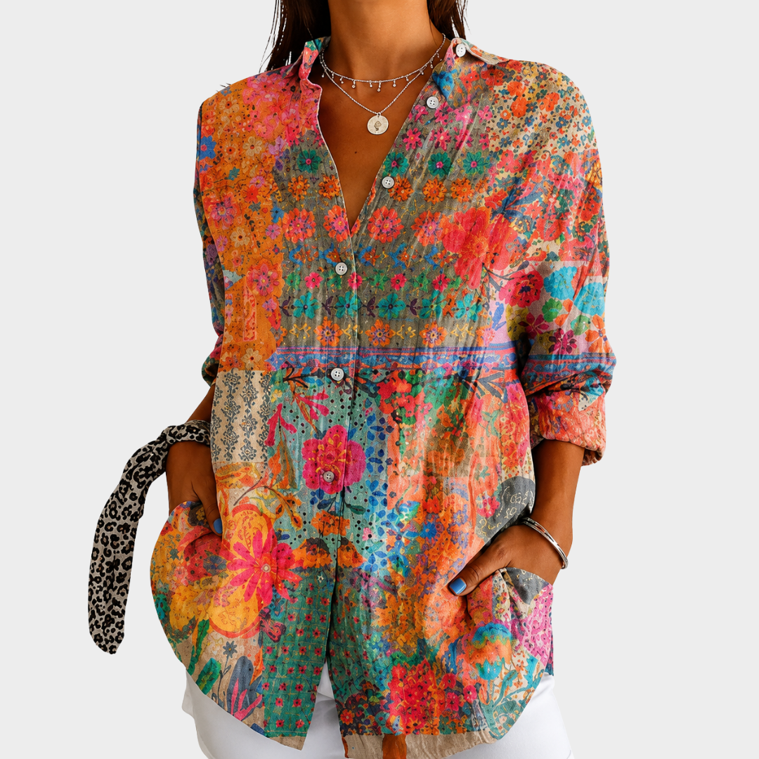 Women’s Patchwork Floral Button Down Blouse