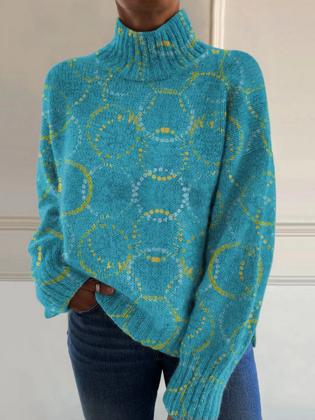 Women’s Circle Print Long Sleeve Turtleneck Top