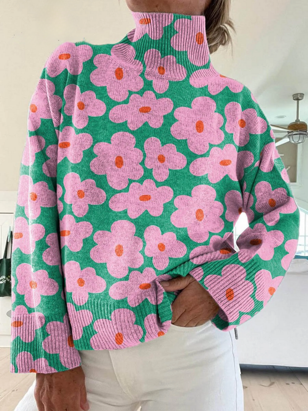 Women’s Floral Knit Turtleneck Sweater