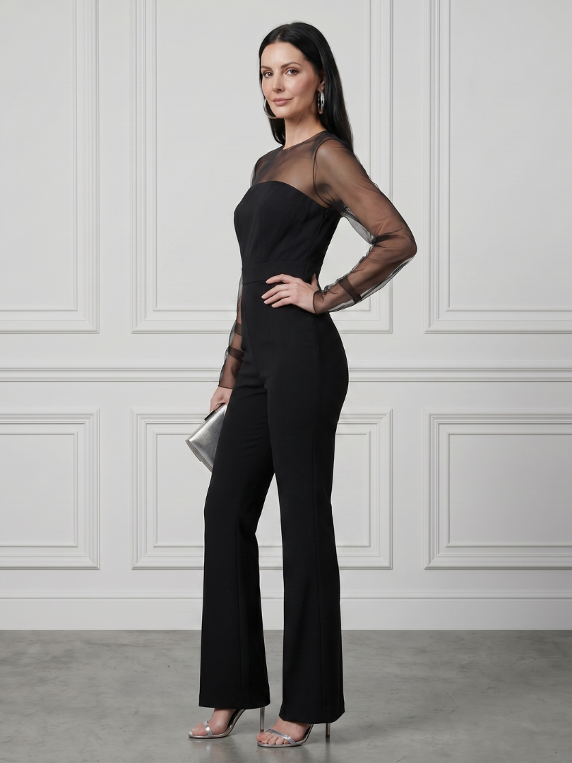 Women’s Sheer Fitted Bodice Flared Leg Jumpsuit