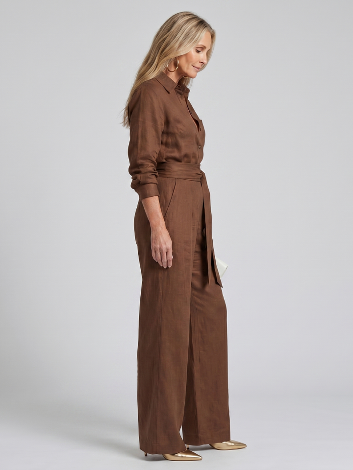 Women’s Long Sleeve Button Front Wide Leg Jumpsuit