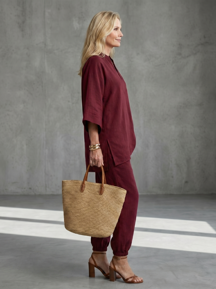 Women’s V-Neck Two-Piece Tunic And Gathered Trousers Set