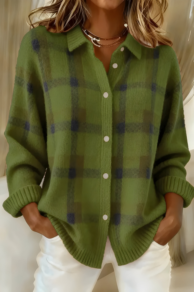 Women's Plaid Collared Button-Front Knit Cardigan