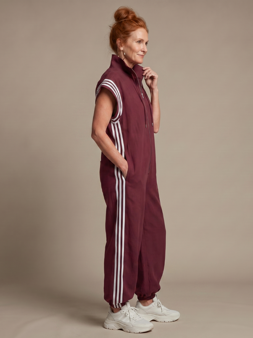 Women’s Zip Front Striped Panel Jumpsuit
