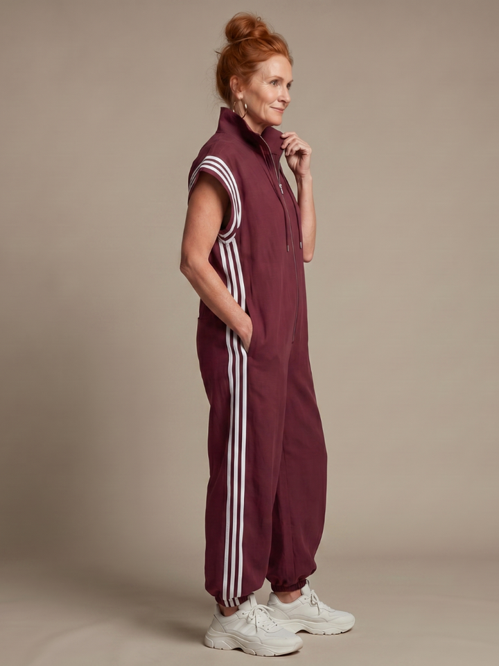 Women’s Zip Front Striped Panel Jumpsuit