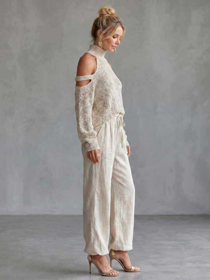 Women’s Open Shoulder Knit Top and Wide Leg Pants Set