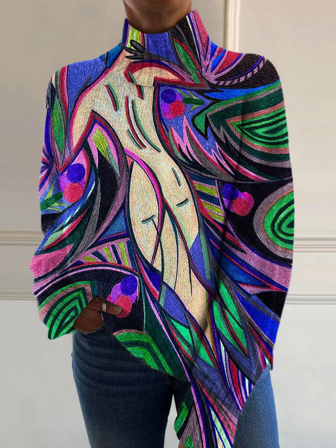 Women’s Abstract Print Long Sleeve Turtleneck Top