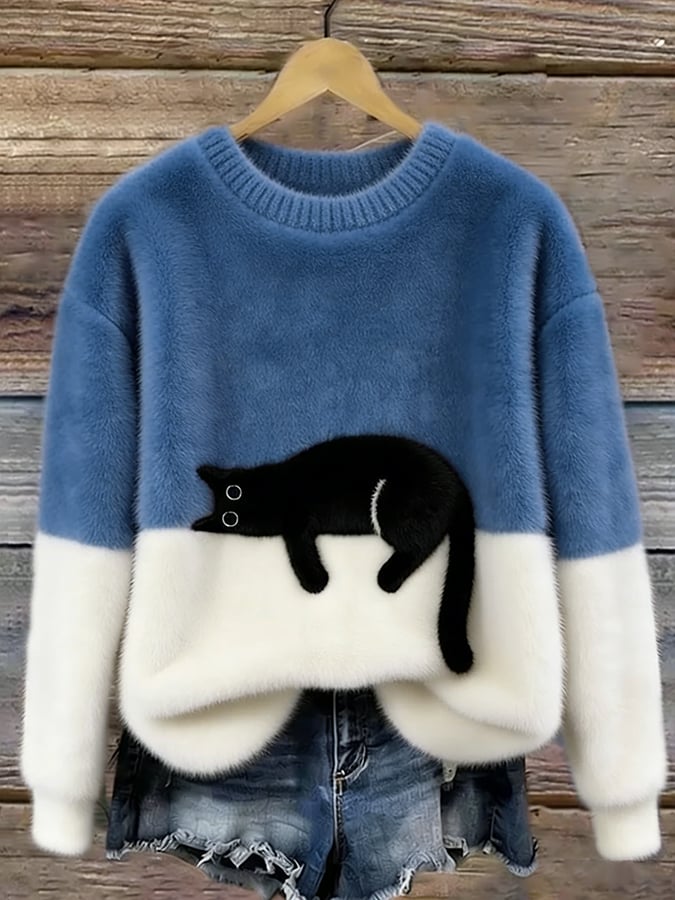 Women’s Oversized Cat Print Pullover Sweater