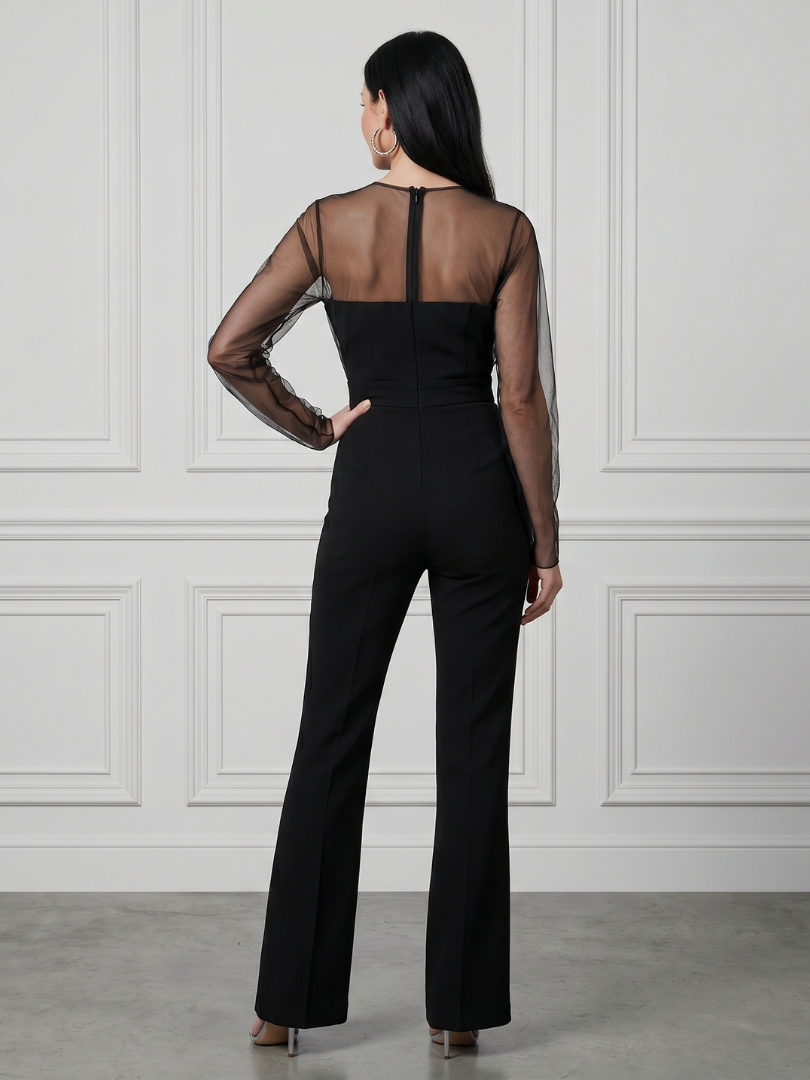 Women’s Sheer Fitted Bodice Flared Leg Jumpsuit