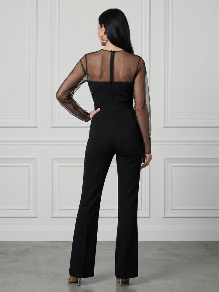 Women’s Sheer Fitted Bodice Flared Leg Jumpsuit