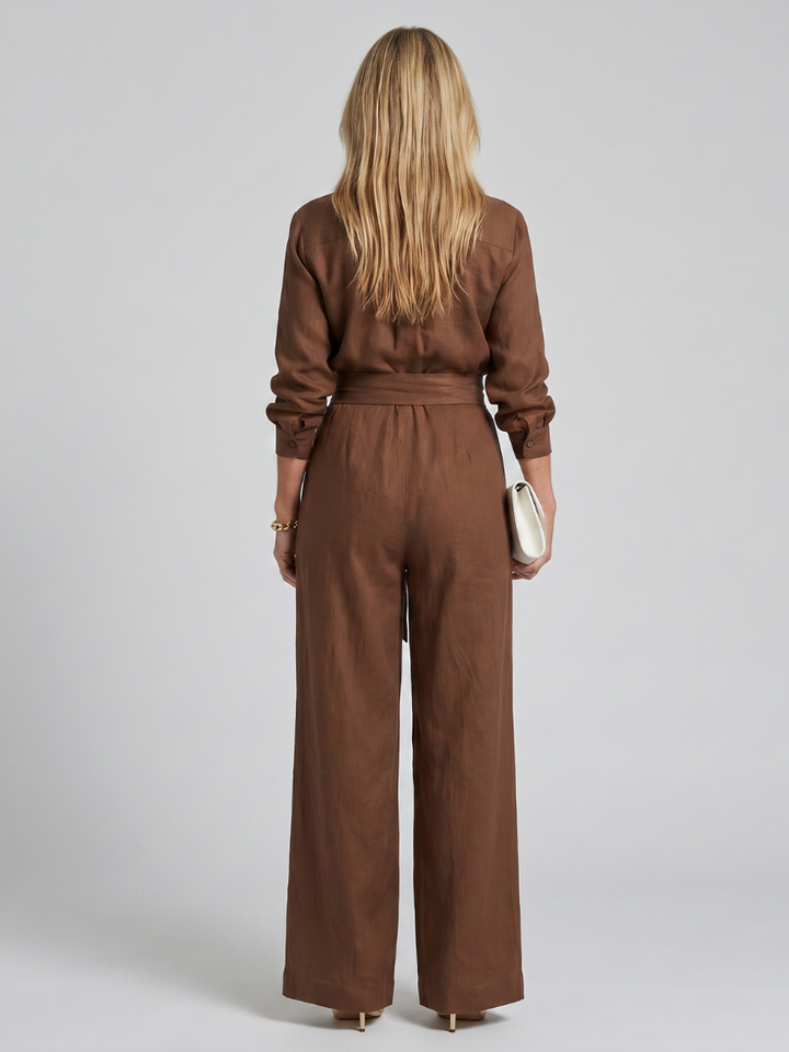 Women’s Long Sleeve Button Front Wide Leg Jumpsuit