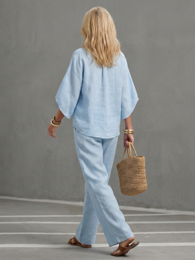 Women’s Button Front Relaxed Tunic And Trousers Set