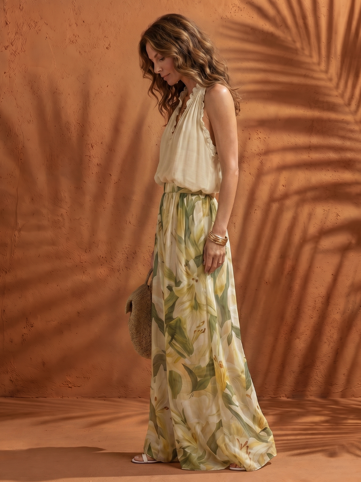 Women’s Halter Neck Floral Blouse And Wide Leg Pants Set
