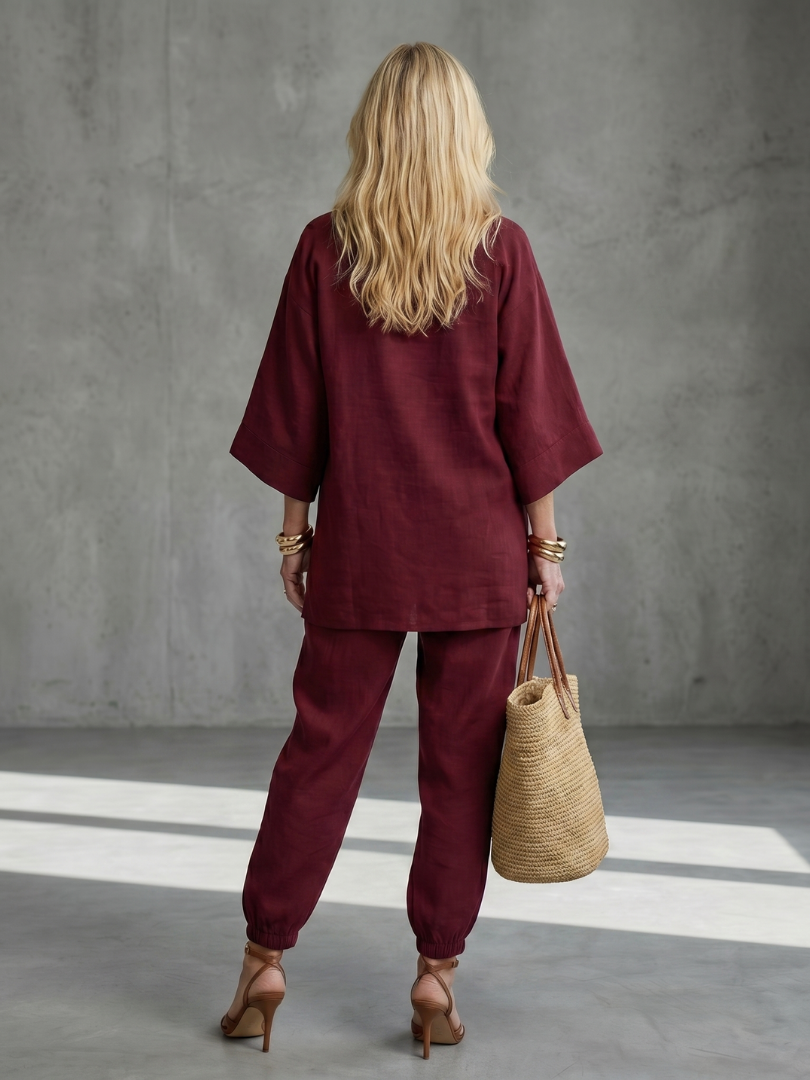 Women’s V-Neck Two-Piece Tunic And Gathered Trousers Set