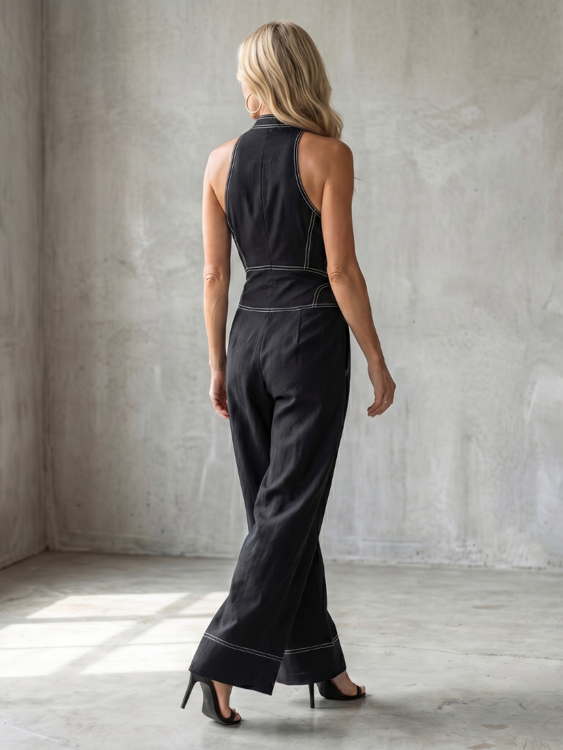 Women’s Zip Front Contrast Stitch Wide Leg Jumpsuit