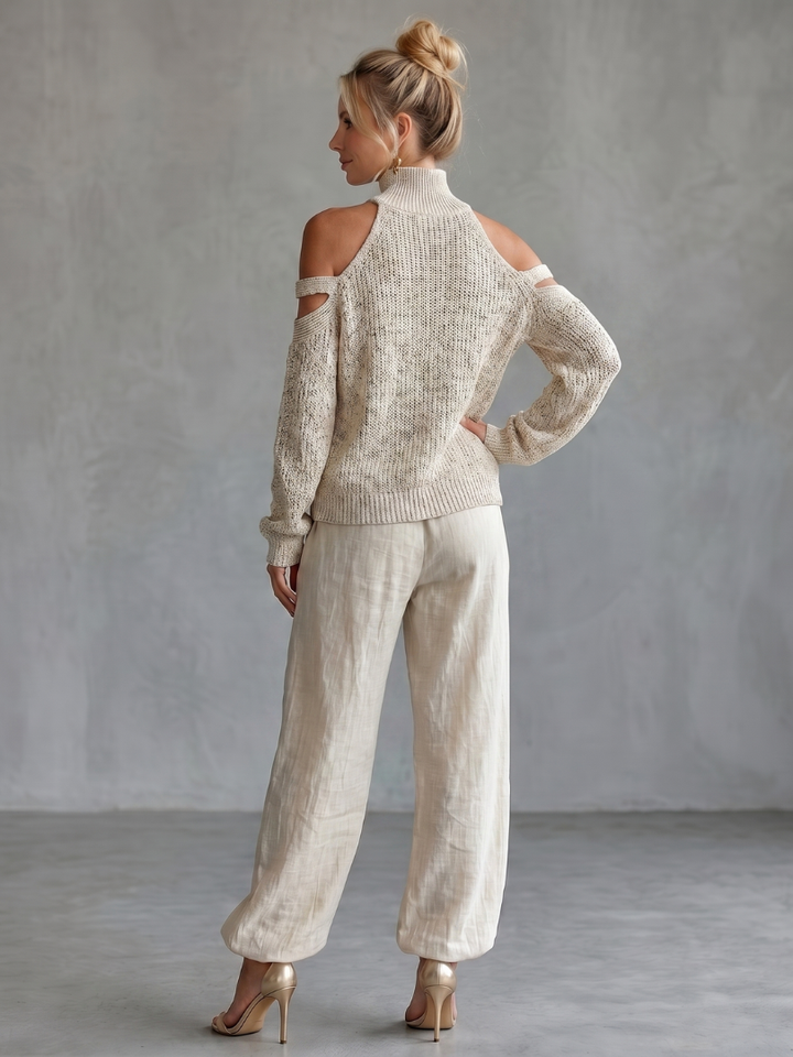 Women’s Open Shoulder Knit Top and Wide Leg Pants Set