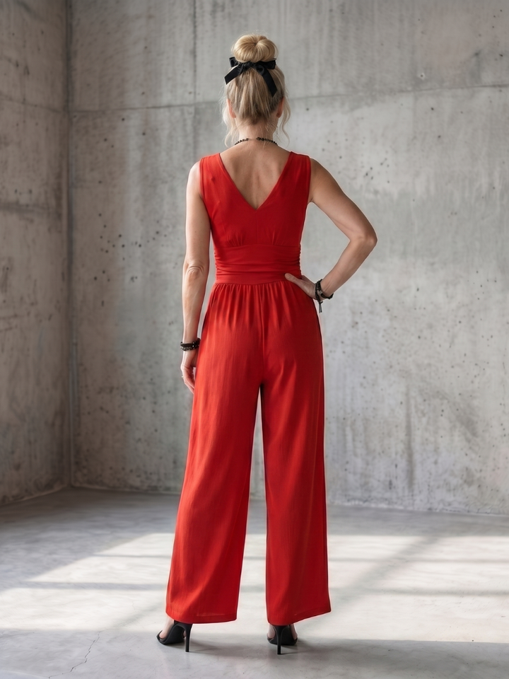 Women’s Deep V-Neck Cinched Waist Wide Leg Jumpsuit