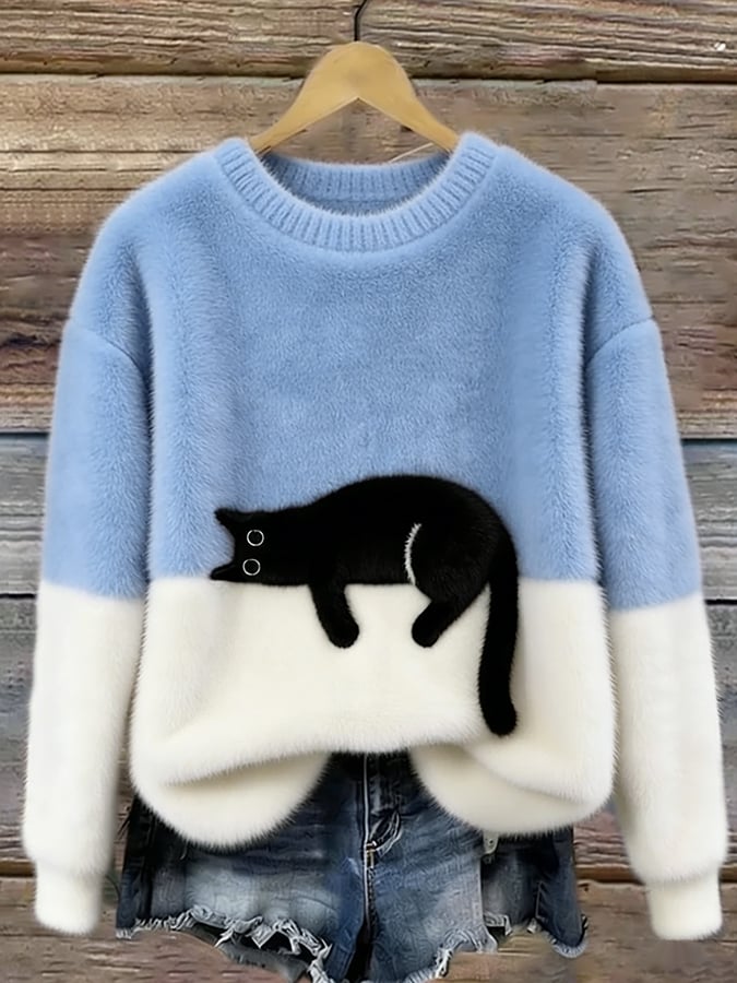 Women’s Oversized Cat Print Pullover Sweater