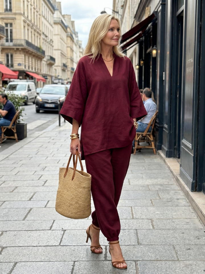 Women’s V-Neck Two-Piece Tunic And Gathered Trousers Set