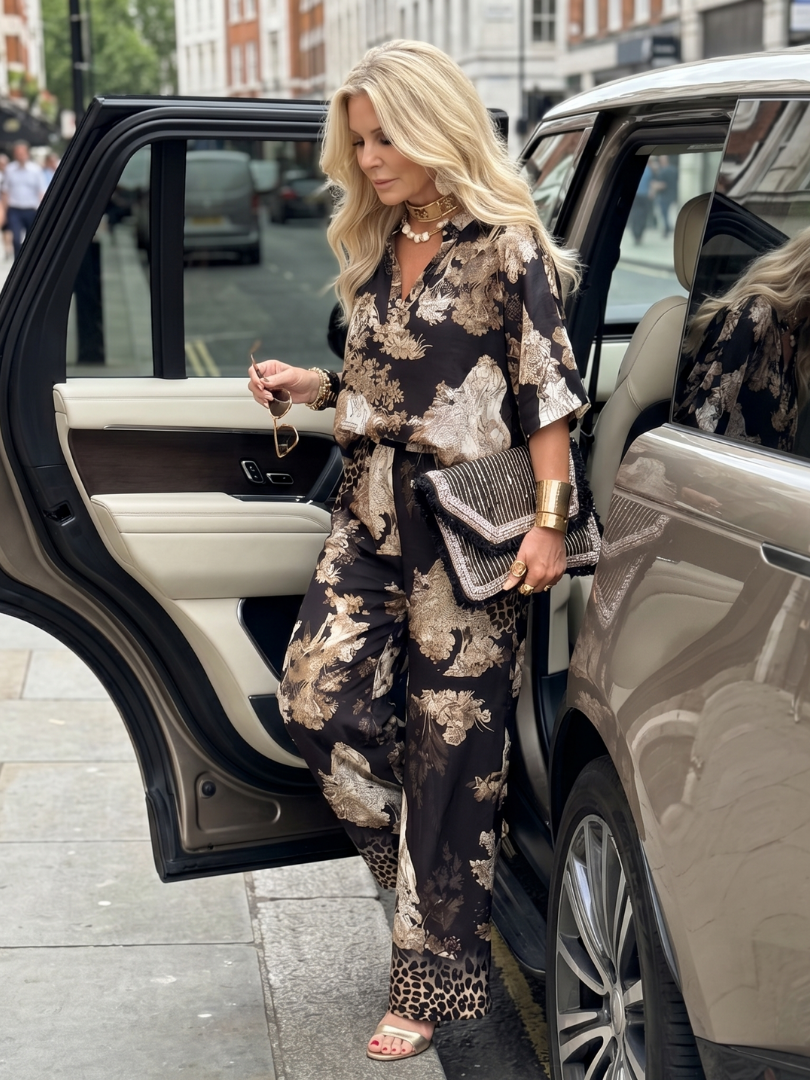 Women’s Printed Wrap Top And Wide Leg Pants Set