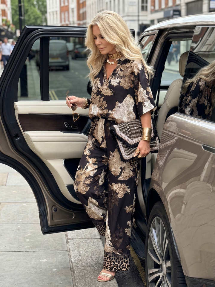 Women’s Printed Wrap Top And Wide Leg Pants Set