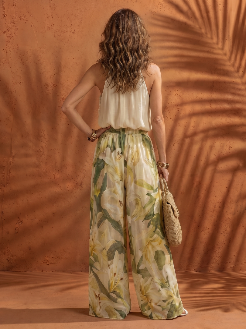 Women’s Halter Neck Floral Blouse And Wide Leg Pants Set