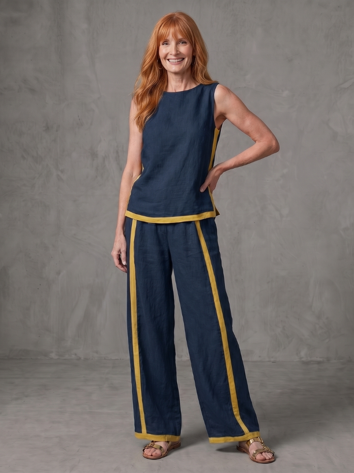 Women’s Sleeveless Wide-Leg Contrast Two-Piece Pants Set