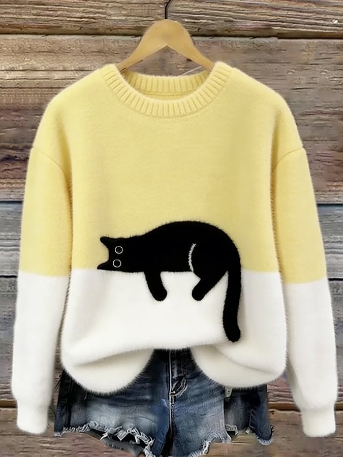 Women’s Oversized Cat Print Pullover Sweater