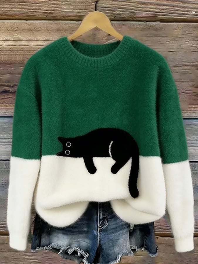 Women’s Oversized Cat Print Pullover Sweater