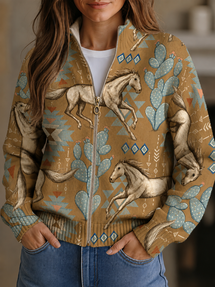 Women’s Horse Print Zip Up Long Sleeve Cardigan