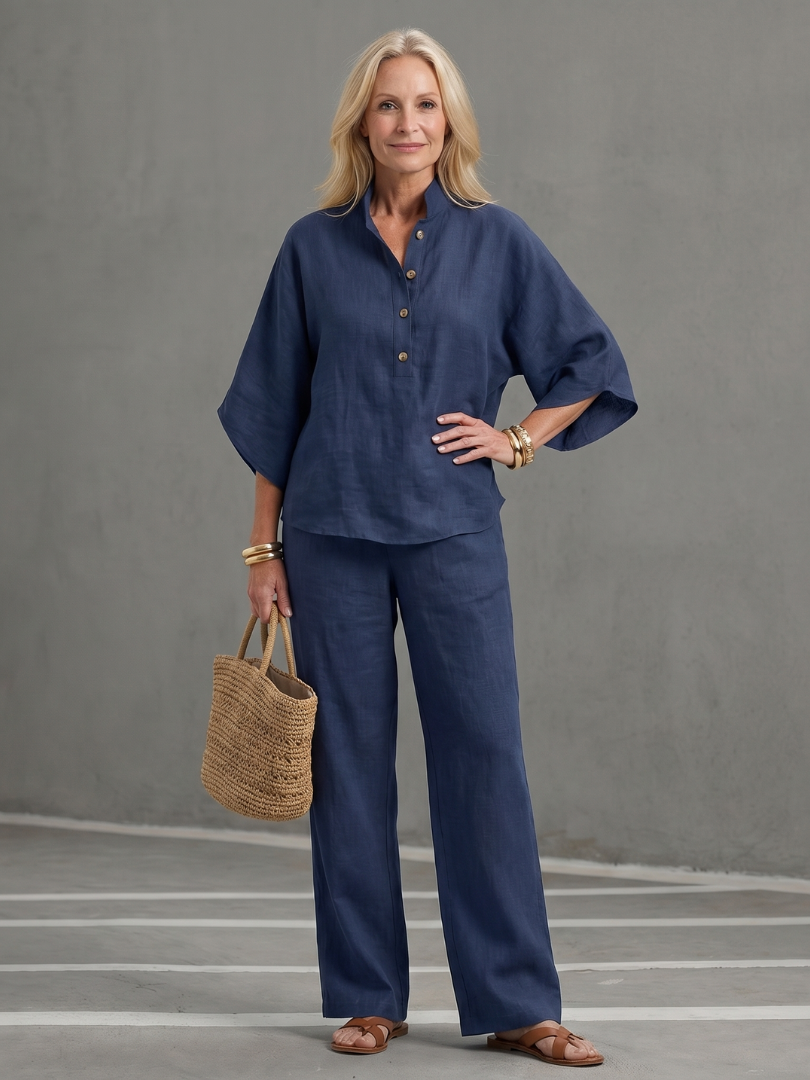 Women’s Button Front Relaxed Tunic And Trousers Set