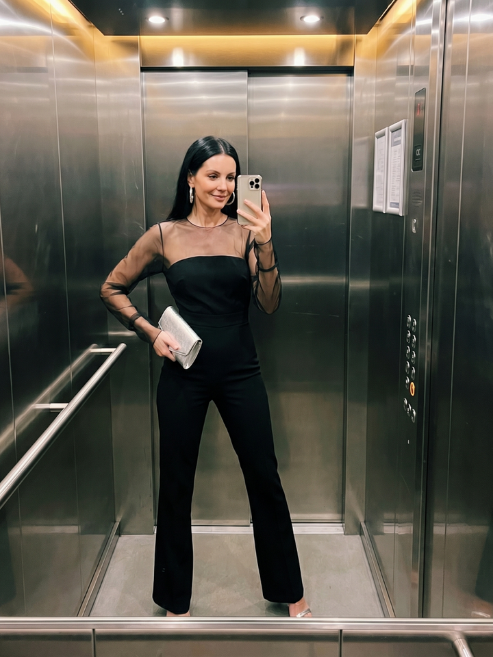 Women’s Sheer Fitted Bodice Flared Leg Jumpsuit