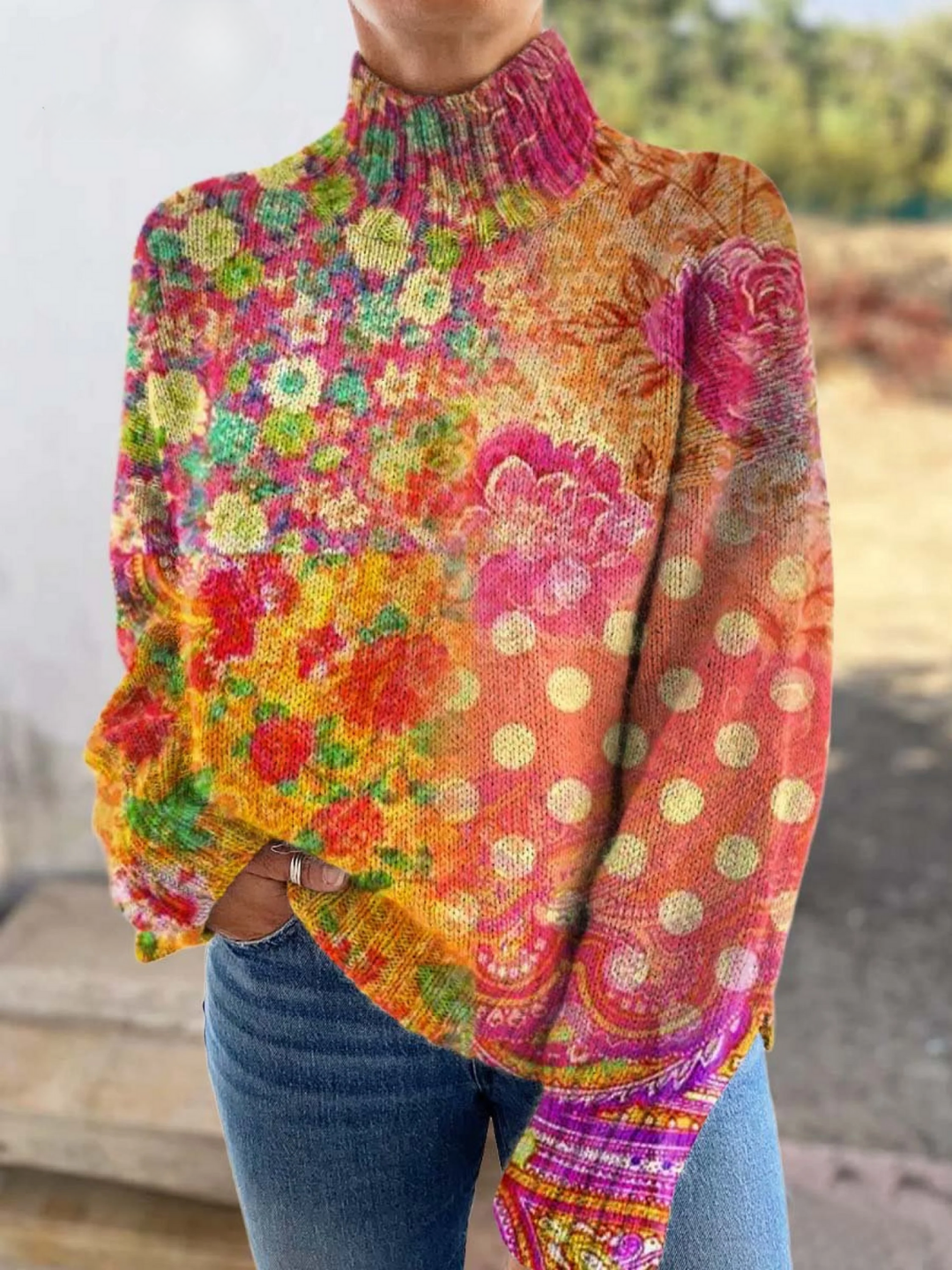 Women’s Floral Polka Dot Long Sleeve Turtleneck Top