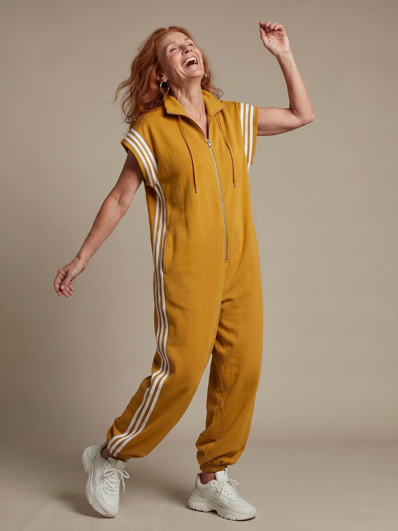 Women’s Zip Front Striped Panel Jumpsuit