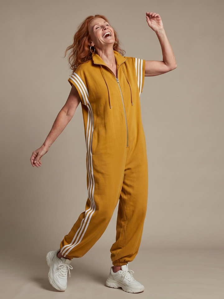 Women’s Zip Front Striped Panel Jumpsuit