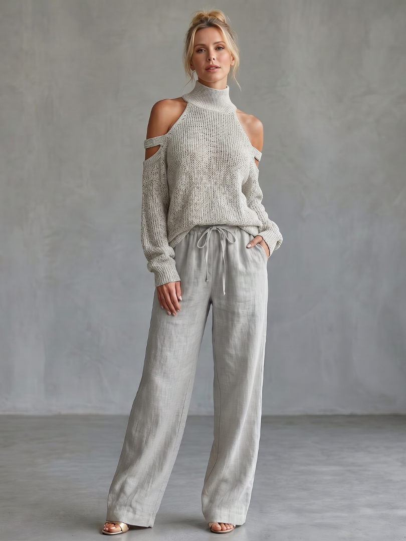 Women’s Open Shoulder Knit Top and Wide Leg Pants Set
