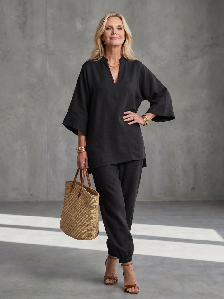 Women’s V-Neck Two-Piece Tunic And Gathered Trousers Set