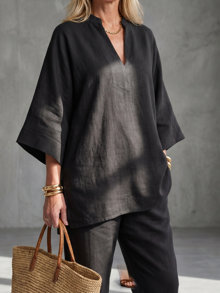 Women’s V-Neck Two-Piece Tunic And Gathered Trousers Set