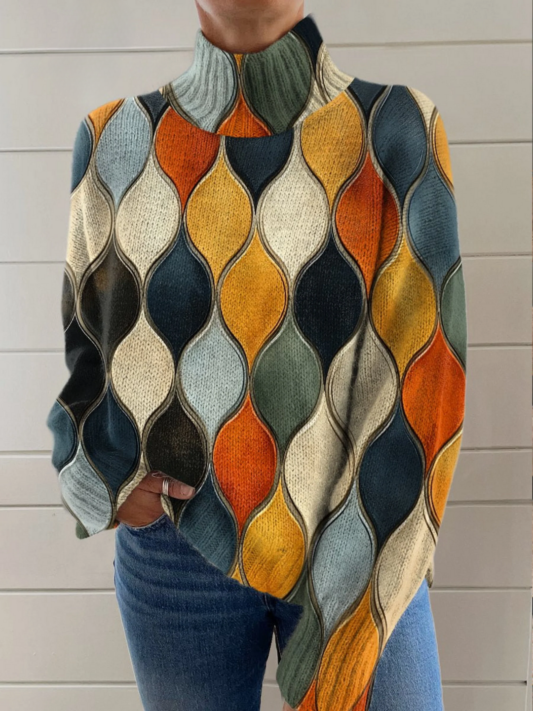 Women’s Abstract Print Long Sleeve Turtleneck Top