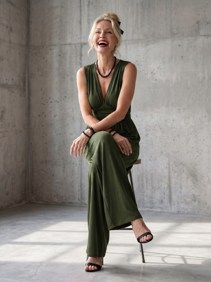 Women’s Deep V-Neck Cinched Waist Wide Leg Jumpsuit