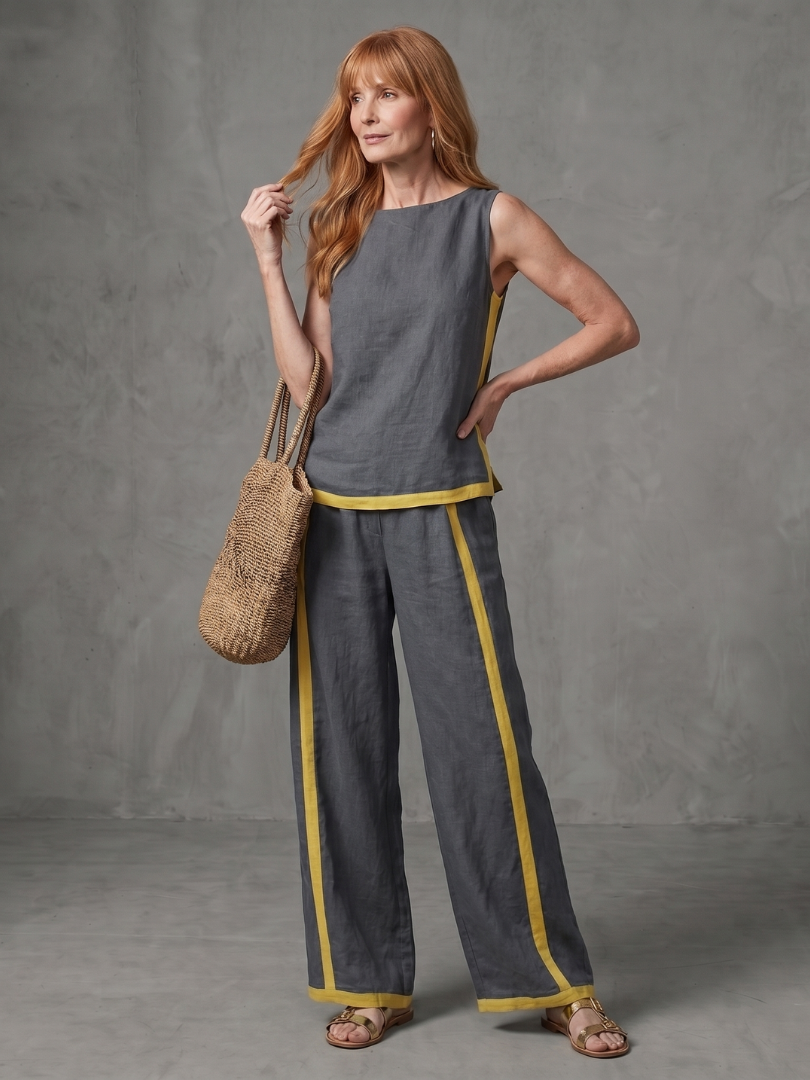 Women’s Sleeveless Wide-Leg Contrast Two-Piece Pants Set