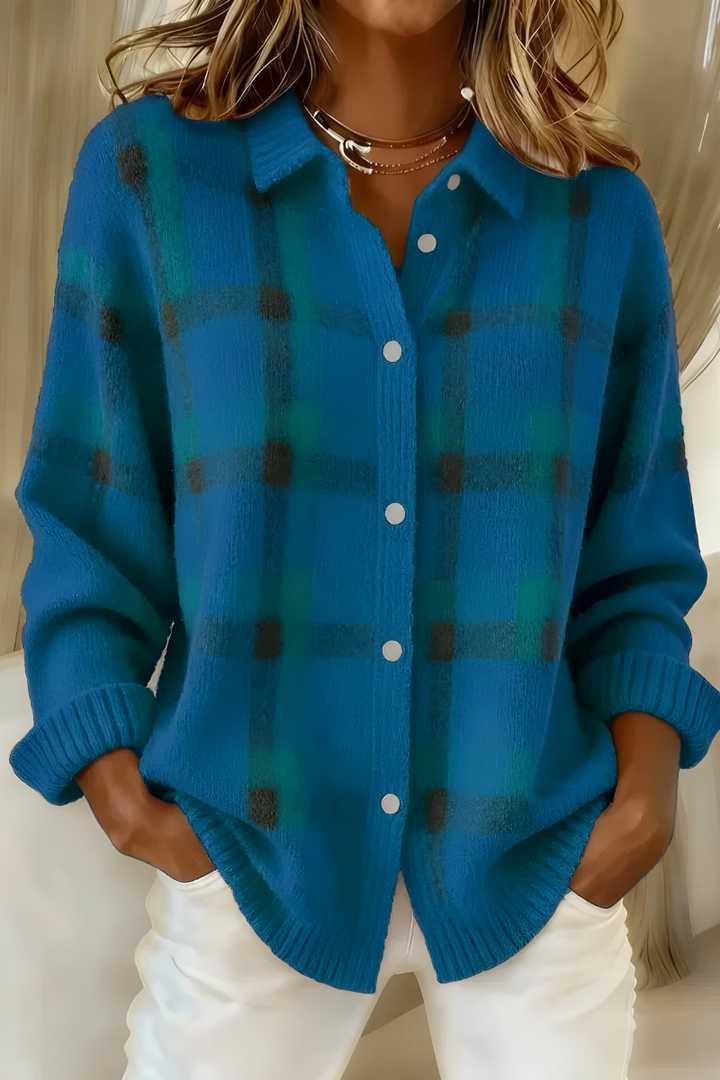 Women's Plaid Collared Button-Front Knit Cardigan