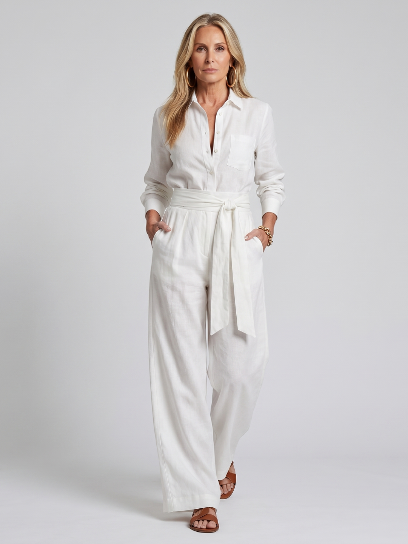 Women’s Long Sleeve Button Front Wide Leg Jumpsuit