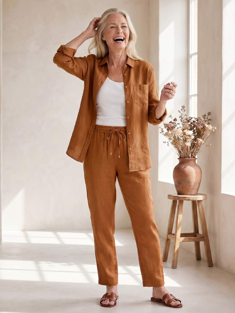 Women’s Long Sleeve Button Down Shirt And Tapered Pants Set