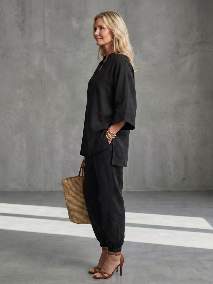 Women’s V-Neck Two-Piece Tunic And Gathered Trousers Set