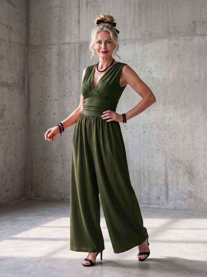 Women’s Deep V-Neck Cinched Waist Wide Leg Jumpsuit