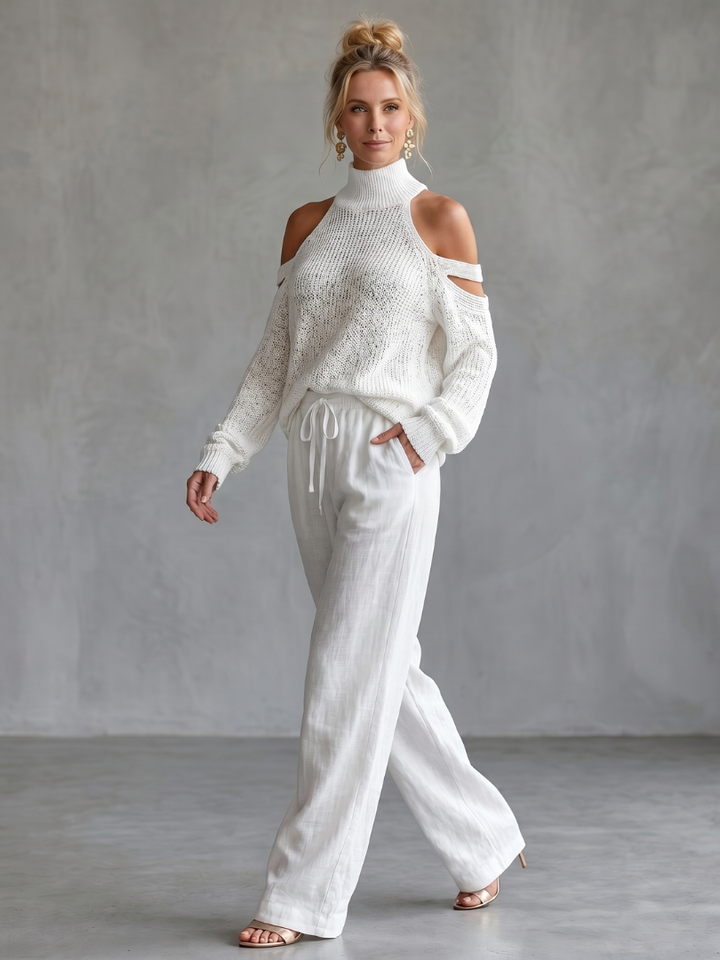 Women’s Open Shoulder Knit Top and Wide Leg Pants Set