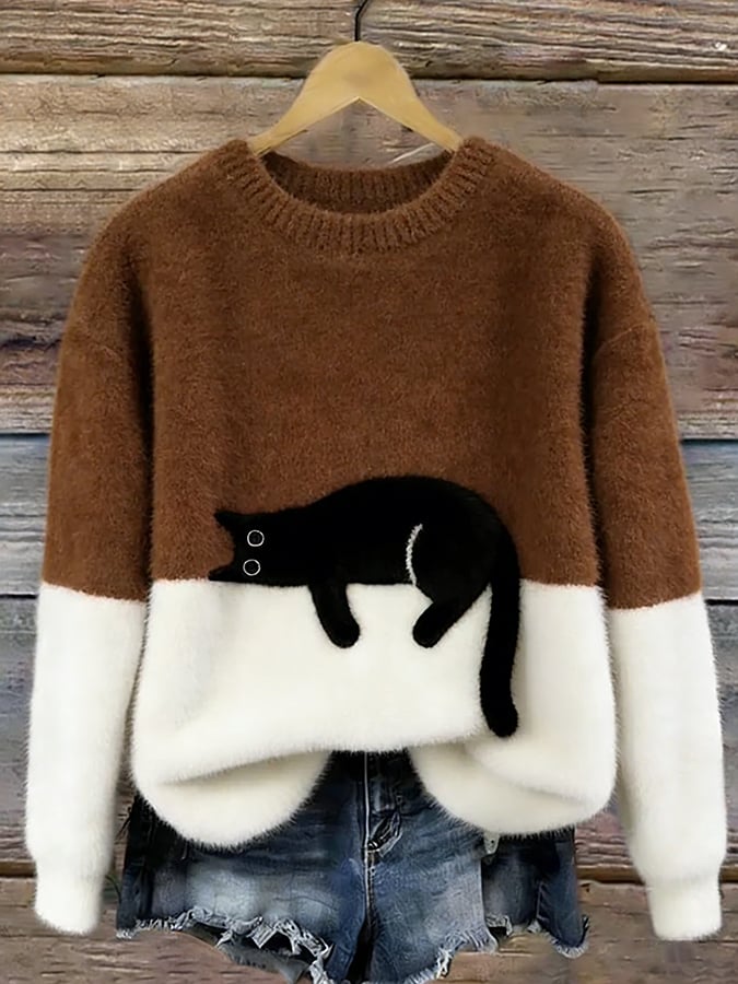 Women’s Oversized Cat Print Pullover Sweater