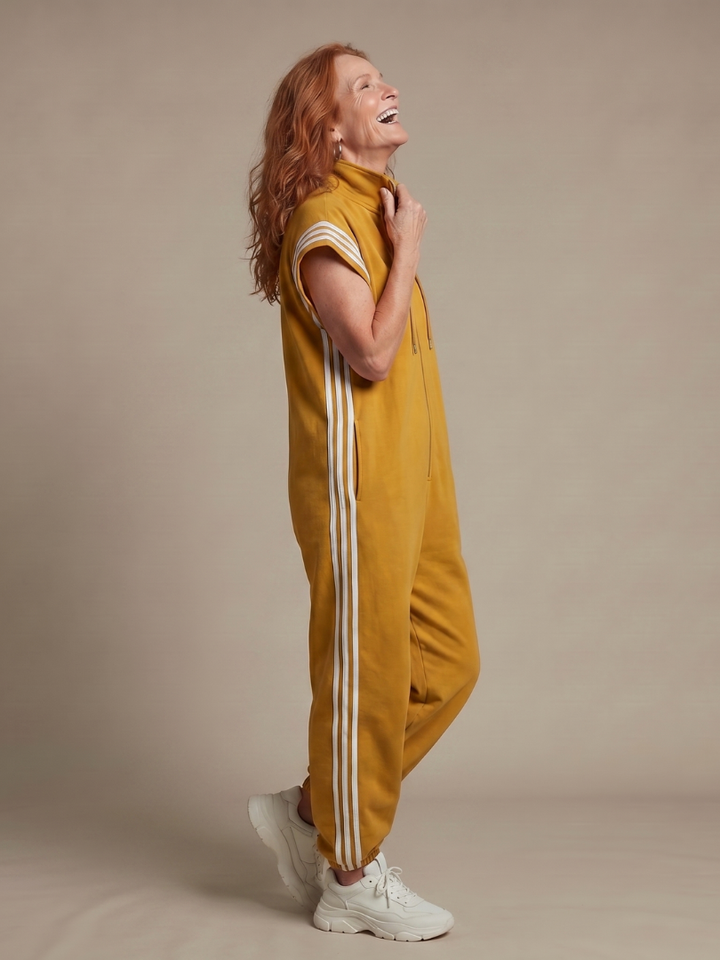 Women’s Zip Front Striped Panel Jumpsuit