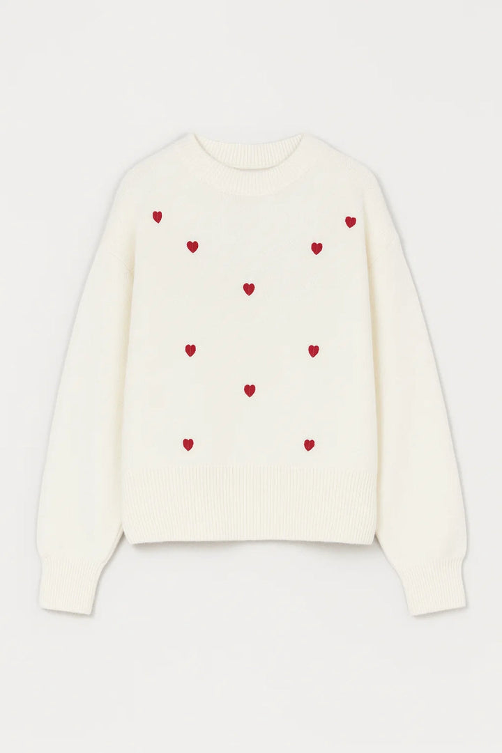 Women’s White Heart Pattern Crewneck Sweater